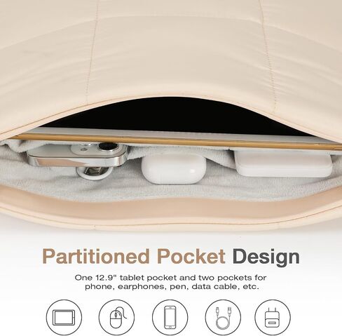 حقيبة تابلت MoKo Puffer لجهاز iPad Pro 12.9 بوصة، Galaxy S8+/S9+ 12.4، حقيبة كروس للنساء، حقيبة حمل مبطنة للكمبيوتر اللوحي مع حزام كتف وحامل قلم، أبيض حليبي in Saudi Arabia