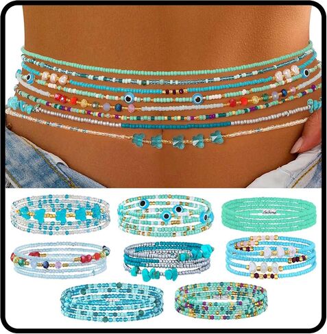 ELABEST Adjustable Handmade Waist Beads Stretchy 23-52 inch 8Pcs Chakra Yoga Body Belly Beaded Women Waist, Anklet, Bracelet, Necklace Jewelry with Screw clasp in Saudi Arabia