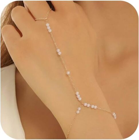 MODRSA Hand Chain Bracelet Gold Hand Chain Ring Bracelet Hands Chains Jewelry Rhinestone Pearl Handchain Finger Bracelets non Tarnish Waterproof Trendy Dainty Bridesmaid Accessories in Kuwait
