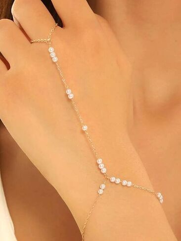 MODRSA Hand Chain Bracelet Gold Hand Chain Ring Bracelet Hands Chains Jewelry Rhinestone Pearl Handchain Finger Bracelets non Tarnish Waterproof Trendy Dainty Bridesmaid Accessories in Kuwait