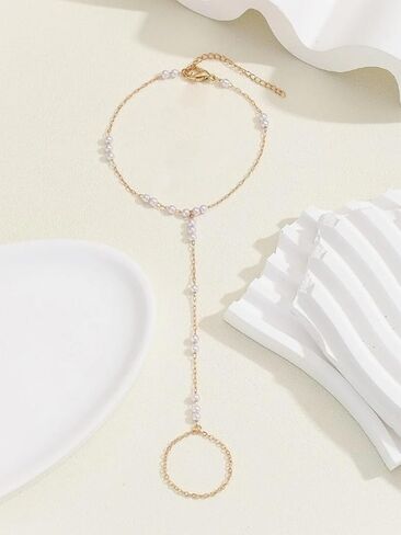 MODRSA Hand Chain Bracelet Gold Hand Chain Ring Bracelet Hands Chains Jewelry Rhinestone Pearl Handchain Finger Bracelets non Tarnish Waterproof Trendy Dainty Bridesmaid Accessories in Kuwait