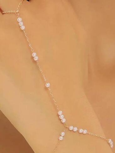MODRSA Hand Chain Bracelet Gold Hand Chain Ring Bracelet Hands Chains Jewelry Rhinestone Pearl Handchain Finger Bracelets non Tarnish Waterproof Trendy Dainty Bridesmaid Accessories in Kuwait