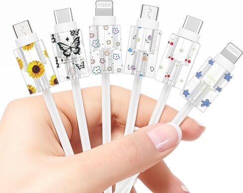6 Pcs Cute Cord Protector，Cable Protectors for Cords Flower Transparent Charger Protector Type-C Ptu Heart Protector De Cargador，Phone Cord Protector，Charger Accessories in Saudi Arabia
