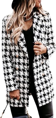 Sexyshine Women Women's Houndstooth معطف مزدوج الصدر من Notch Lapel Wool Blend Pea Coat Mid Long Plaid Blazer Jacket in Saudi Arabia
