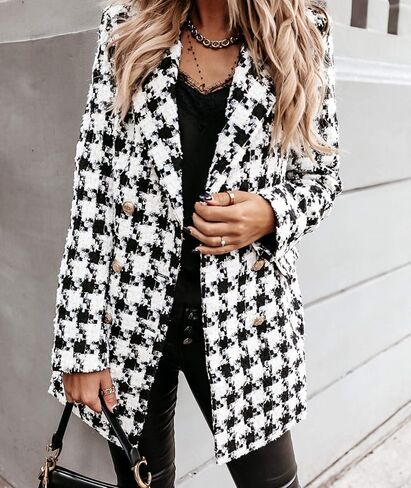Sexyshine Women Women's Houndstooth معطف مزدوج الصدر من Notch Lapel Wool Blend Pea Coat Mid Long Plaid Blazer Jacket in Saudi Arabia