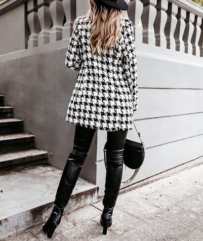Sexyshine Women Women's Houndstooth معطف مزدوج الصدر من Notch Lapel Wool Blend Pea Coat Mid Long Plaid Blazer Jacket in Saudi Arabia