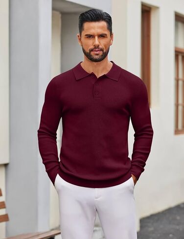 COOFANDY Mens Knit Polo Sweater Long Sleeve Polo Sweaters Casual Knitted Button Collar Pullover Sweater in Saudi Arabia