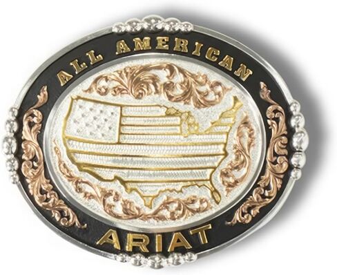 ARIAT Oval Buckle with USA Motif, All-American Wording, Beaded Edge Accents, Silver and Gold, 3-1/4" x 4" in Saudi Arabia