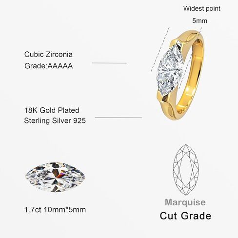 Marquise-Cut Ring for Women, Thick 18K Gold-Plated on 925 Sterling Silver for Long-Lasting Shine – Ideal Gift for Engagement, Anniversary, or Birthday in Saudi Arabia
