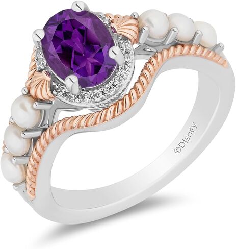 Jewelili Enchanted Disney Fine Jewelry 14K Rose Gold Over Sterling Silver with 1/20 CTTW Diamonds and Amethyst and Fresh Water Pearl Little Mermaid 35th Anniversary Ariel Ring Size 6 in Saudi Arabia