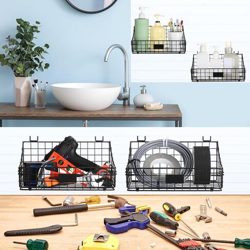 4 Pcs Slatwall Baskets with Hooks Wire Hanging Basket Black Wall Basket Storage Pegboard Shelf Slatwall Organizer Accessories Tools for Pantry Kitchen Garage Workbench in Kuwait