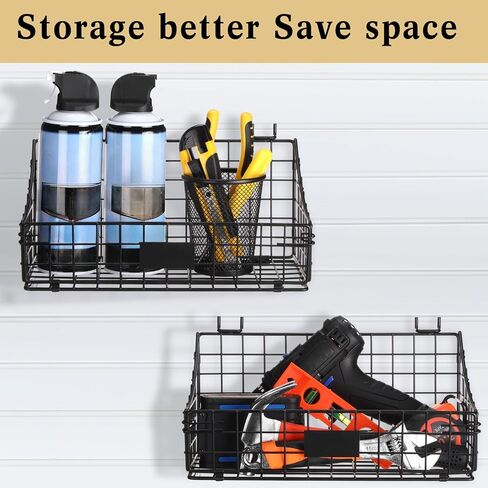 4 Pcs Slatwall Baskets with Hooks Wire Hanging Basket Black Wall Basket Storage Pegboard Shelf Slatwall Organizer Accessories Tools for Pantry Kitchen Garage Workbench in Kuwait