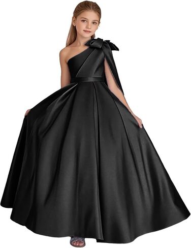 One Shoulder Flower Girl Dress Satin Pageant Dresses First Communion Dress with Bow Ball Gown in Saudi Arabia