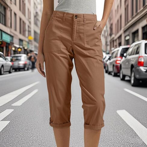 Capri Pants for Women Casual Summer Spring Stretch Straight Leg Cargo Capris with Pockets Rolled Hem Cropped Trouser in Saudi Arabia
