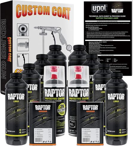 U-Pol Raptor 8 Quart Kit - Black Urethane Spray-On Truck Bed Liner Kit with Custom Coat Spray Gun with Regulator - Bonus 2 Bedliner Aerosol Cans in Kuwait