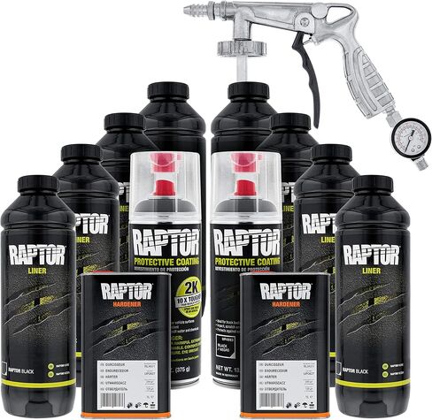 U-Pol Raptor 8 Quart Kit - Black Urethane Spray-On Truck Bed Liner Kit with Custom Coat Spray Gun with Regulator - Bonus 2 Bedliner Aerosol Cans in Kuwait