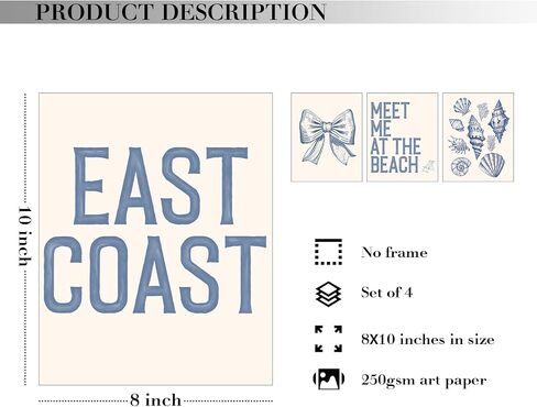 JXREQ Coastal Granddaughter Preppy Bow Coquette Aesthetic Wall Decor Posters, Coquette Room Decor Seashell East Coast Wall Art, College Dorm Decor Prints for Teen Bedroom Bathroom, 8x10 Inch 4Pcs Blue in Saudi Arabia