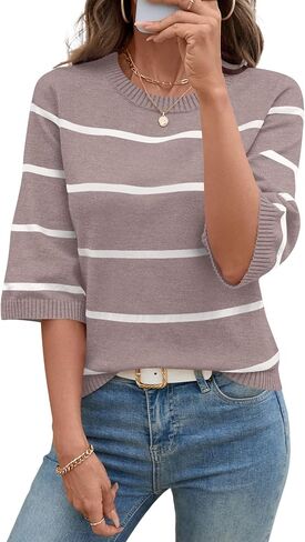 Lomon Womens Subens Disual Fall 2025 Crew Neck Striped 3/4 Sleeve Lightweight Metendy Trendy Sweater Tops S-XL in Kuwait