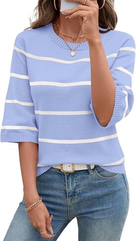 Lomon Womens Subens Disual Fall 2025 Crew Neck Striped 3/4 Sleeve Lightweight Metendy Trendy Sweater Tops S-XL in Kuwait