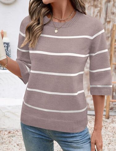 Lomon Womens Subens Disual Fall 2025 Crew Neck Striped 3/4 Sleeve Lightweight Metendy Trendy Sweater Tops S-XL in Kuwait