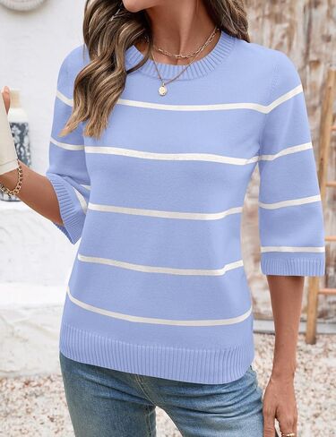 Lomon Womens Subens Disual Fall 2025 Crew Neck Striped 3/4 Sleeve Lightweight Metendy Trendy Sweater Tops S-XL in Kuwait