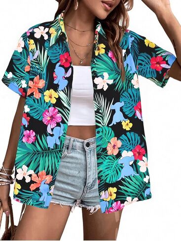 Hawaiian Shirts for Women Ohana Means Family Shirt Hawaii Tropical Graphic Tees Summer Beach Button up Tops in Saudi Arabia