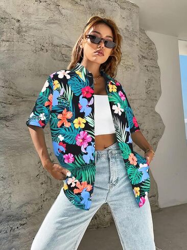 Hawaiian Shirts for Women Ohana Means Family Shirt Hawaii Tropical Graphic Tees Summer Beach Button up Tops in Saudi Arabia