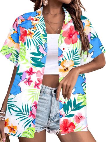 Hawaiian Shirts for Women Ohana Means Family Shirt Hawaii Tropical Graphic Tees Summer Beach Button up Tops in Saudi Arabia