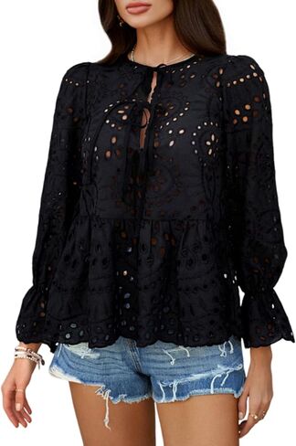 بلوزات PEPLUM الأمامية للسيدات نفخة طويلة الأكمام الطويلة القوس القوس جوفاء in Kuwait