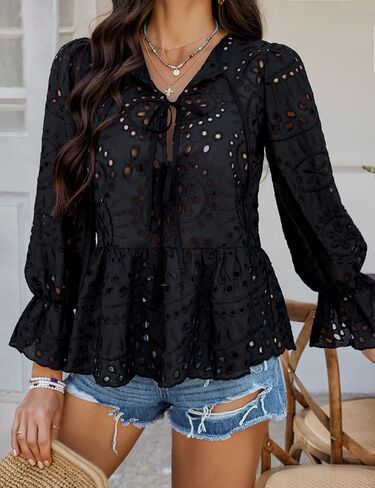 بلوزات PEPLUM الأمامية للسيدات نفخة طويلة الأكمام الطويلة القوس القوس جوفاء in Kuwait