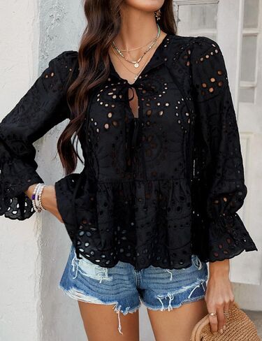بلوزات PEPLUM الأمامية للسيدات نفخة طويلة الأكمام الطويلة القوس القوس جوفاء in Kuwait