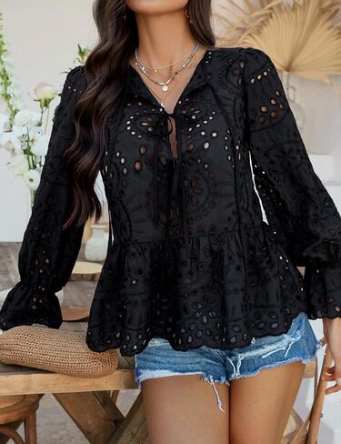 بلوزات PEPLUM الأمامية للسيدات نفخة طويلة الأكمام الطويلة القوس القوس جوفاء in Kuwait