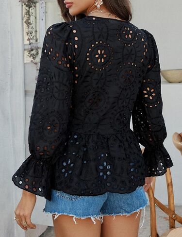 بلوزات PEPLUM الأمامية للسيدات نفخة طويلة الأكمام الطويلة القوس القوس جوفاء in Kuwait