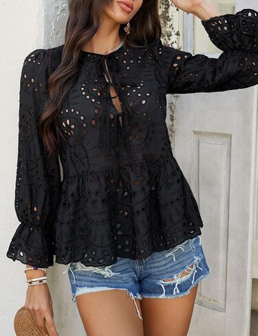 بلوزات PEPLUM الأمامية للسيدات نفخة طويلة الأكمام الطويلة القوس القوس جوفاء in Kuwait