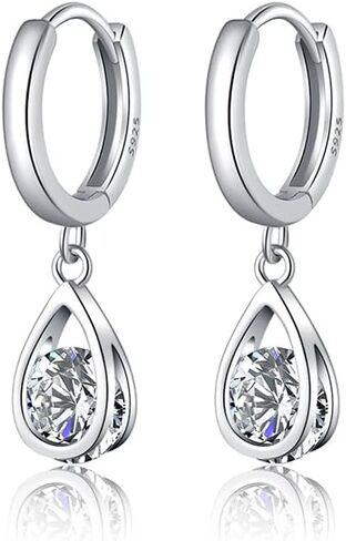 SLUYNZ Sterling Silver CZ Hoop Earrings Drop for Women Teens Sparkly Teardrop Huggie Earrings Simulated Diamond Earrings in Saudi Arabia