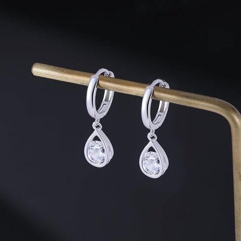 SLUYNZ Sterling Silver CZ Hoop Earrings Drop for Women Teens Sparkly Teardrop Huggie Earrings Simulated Diamond Earrings in Saudi Arabia