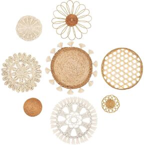 Boho Wall Basket Decor Set of 8 – Handmade Woven Seagrass & Rattan Wall Decor with Macrame Tapestry – Flat Round Boho Wall Art for Living Room, Bedroom, Kitchen, Wedding or Bohemian Wall Display in Saudi Arabia