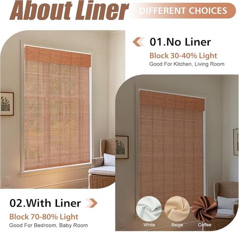 Cordless Bamboo Roman Shades, Window Blinds, Custom Woven Wood Shades for Indoor Windows, French Doors, Dining Room, Living Room, Kitchen, Acorn PS-043 in Saudi Arabia