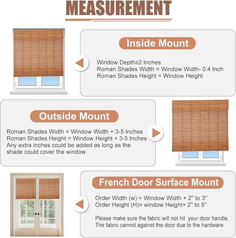 Cordless Bamboo Roman Shades, Window Blinds, Custom Woven Wood Shades for Indoor Windows, French Doors, Dining Room, Living Room, Kitchen, Acorn PS-043 in Saudi Arabia