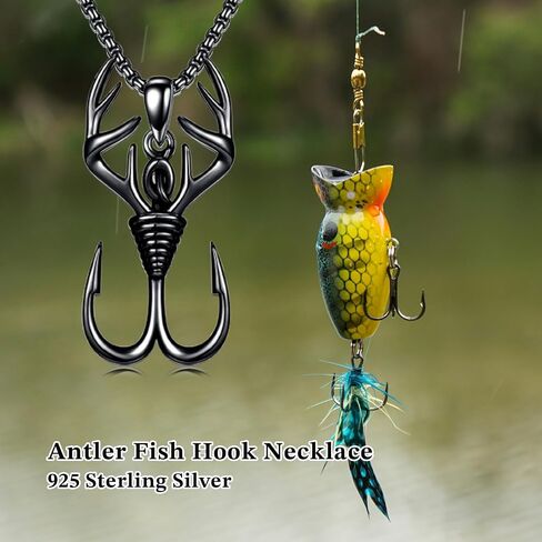 PROESS Fish Hook Necklace for Men 925 Sterling Silver Antler Duck Pendant Necklace Antler Fish Hook Hunting Jewelry Gifts for Father Son in Saudi Arabia