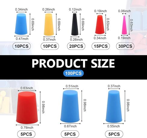 100Pcs Silicone Rubber Tapered Plug Assortment Kit - 7 Sizes (1/16" to 1/2") for Powder Coating, Painting, Hydro Dipping, Media Blasting - Heat Resistant up to 600°F (315°C) in Saudi Arabia
