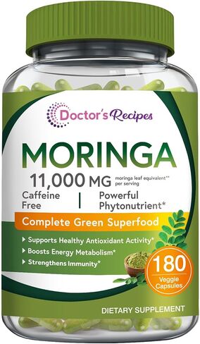 Doctor's Recipes Moringa Capsules, Made with Moringa Powder Organic, 10,800 mg Strength Per Serving, 50:1 Extract, Green Superfood, Skin, Immune & Joint Support, 90 Caps, Non-GMO, No Caffeine in Kuwait