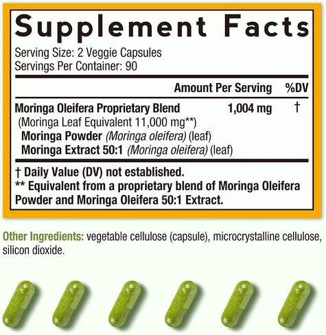 Doctor's Recipes Moringa Capsules, Made with Moringa Powder Organic, 10,800 mg Strength Per Serving, 50:1 Extract, Green Superfood, Skin, Immune & Joint Support, 90 Caps, Non-GMO, No Caffeine in Kuwait