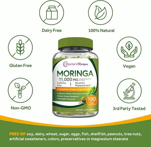 Doctor's Recipes Moringa Capsules, Made with Moringa Powder Organic, 10,800 mg Strength Per Serving, 50:1 Extract, Green Superfood, Skin, Immune & Joint Support, 90 Caps, Non-GMO, No Caffeine in Kuwait
