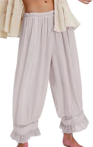 Cropped Lace Pants for Women Ruffle Long Bloomers Flare Lace Trim Pantaloons Vintage Capri Bloomer Pants in Saudi Arabia