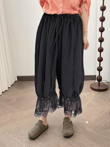 Cropped Lace Pants for Women Ruffle Long Bloomers Flare Lace Trim Pantaloons Vintage Capri Bloomer Pants in Saudi Arabia