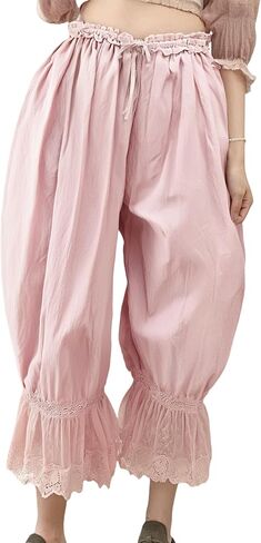 Cropped Lace Pants for Women Ruffle Long Bloomers Flare Lace Trim Pantaloons Vintage Capri Bloomer Pants in Saudi Arabia