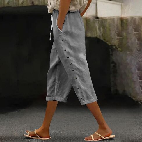 Linen Capris for Women Summer Casual High Waisted Crop Pants with Pockets Wed Leg Lounge Trousers Boho Beach Clothes in Saudi Arabia