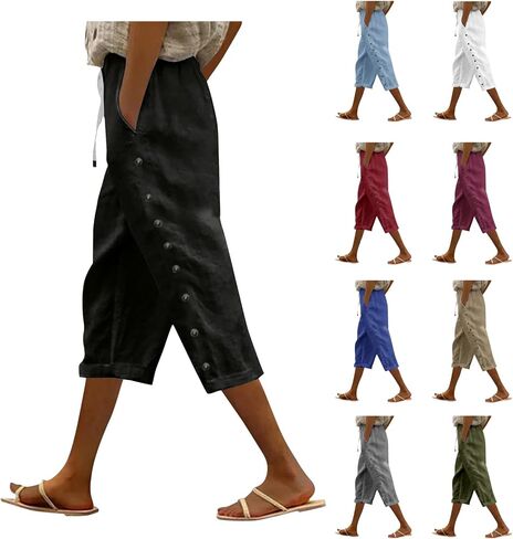 Linen Capris for Women Summer Casual High Waisted Crop Pants with Pockets Wed Leg Lounge Trousers Boho Beach Clothes in Saudi Arabia