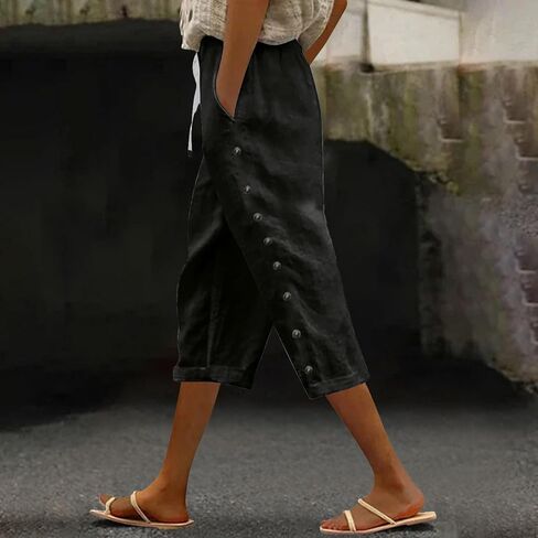 Linen Capris for Women Summer Casual High Waisted Crop Pants with Pockets Wed Leg Lounge Trousers Boho Beach Clothes in Saudi Arabia